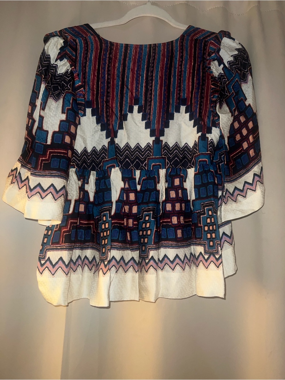 ba&sh Ivory Multicolor Geometric Ruffle Peasant Top - Picture 3 of 4